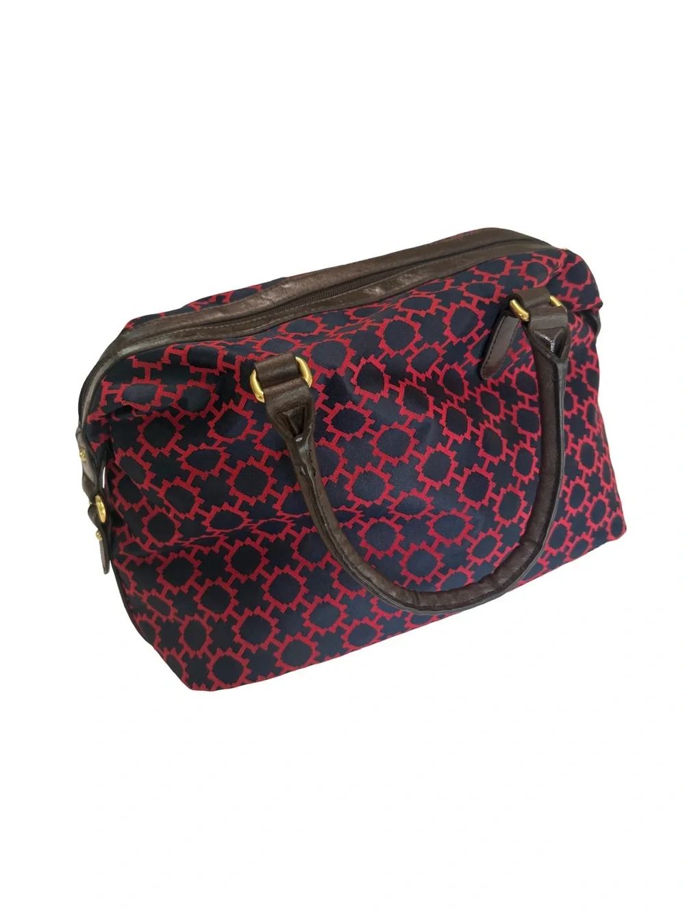Tommy Hilfiger Nylon Satchel | Red Navy Monogram | Brown Trim